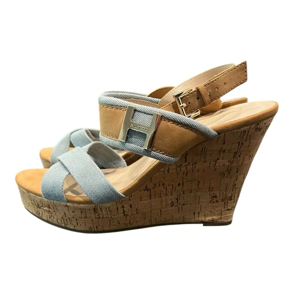 Tommy Hilfiger Denim and Tan Cork Gold‎ Hardware Wedges Size 9
